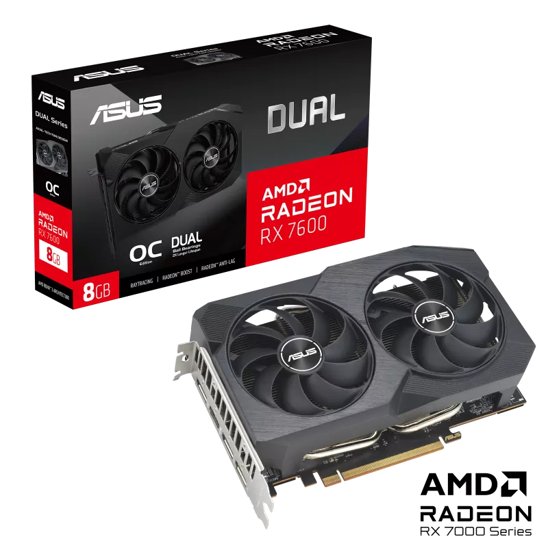 Asus DUAL-RX7600-O8G-V2 AMD Radeon RX7600 Gaming Graphics Card. OC Edition, 8GB GDDR6, 1x HDMI, 3xDP