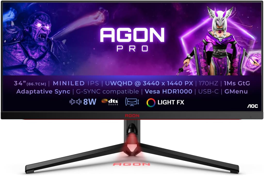 AOC AGON Pro AG344UXM 34" 3440x1440 170Hz Mini-LED, 1ms, HDR1000,  KVM, USB Hub, HDR1000,  8W Speakers, USB 3.2 Hub, G-Sync compatible, Adaptive Sync, MiniLED 1152Zones, PBP, VESA 200 PS5, Xbox X, Monitor