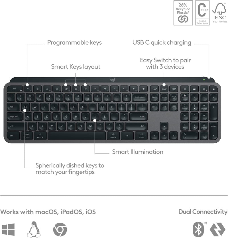 Logitech 920-011563 MX KEYS S Wireless ILLUMINATED Keyboard/ Rechargeable Li-Po (1500 mAh) battery Graphite 1-Year Limited Hardware Warranty KBLT-MXKEYS-GRAPHITE