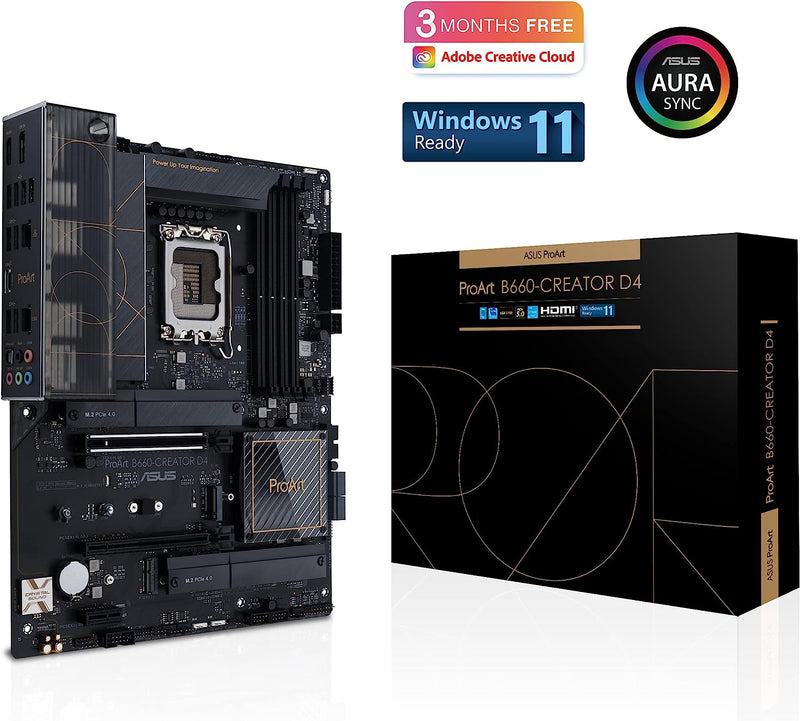 Asus PROART B660-CREATOR D4 Intel® B660 LGA 1700 ATX motherboard built for creators, with PCIe® 5.0, DDR4, 2.5 Gb and 1 Gb Ethernet, three PCIe 4.0 M.2 slots, plus USB-C DisplayPort™ and a USB 3.2 Gen 2x2 front-panel connector with Quick Charge 4+