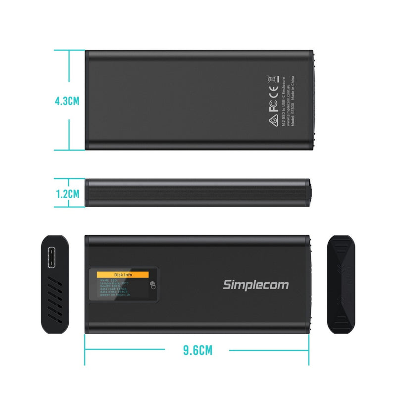 Simplecom SE530 NVMe / SATA M.2 SSD to USB-C Enclosure with SMART LED Screen USB 3.2 Gen 2 10Gbps