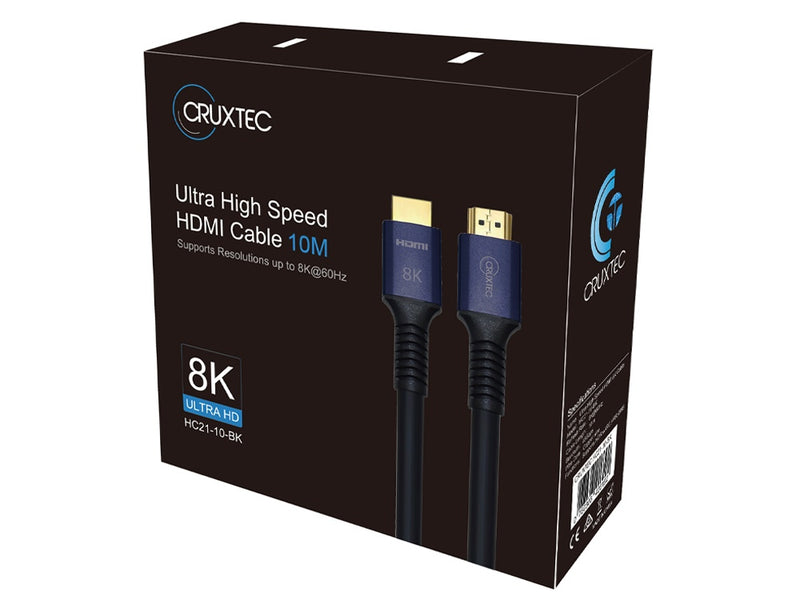 Cruxtec  HC21-10-BK HDMI 2.1 8K with Ethernet Male to Male Cable 10m Black, supports 8K@60Hz- 4K@120Hz