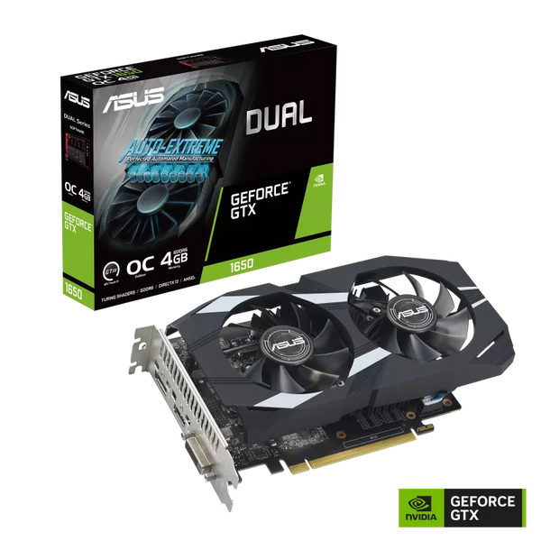 Asus DUAL-GTX1650-O4GD6-P-EVO NVIDIA GeForce GTX1650 Gaming Graphics Card. OC Edition 4GB GDDR6 EVO, 1755 MHz Boost Clock, RAM 12 Gbps, 1xDP, 1xHDMI, 1xDVI