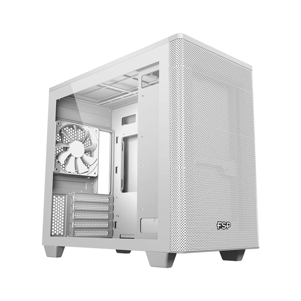 FSP CST360W White Micro-ATX Case w/ Dual USB3.0, 1x Type-C. Supports: 2x 3.5", 3x 2.5". 240mm Front Radiator, 1x 120mm/240mm Top . Max CPU Cooler Height 160mm, Max VGA 370mm, CPU Cooler Height 165mm