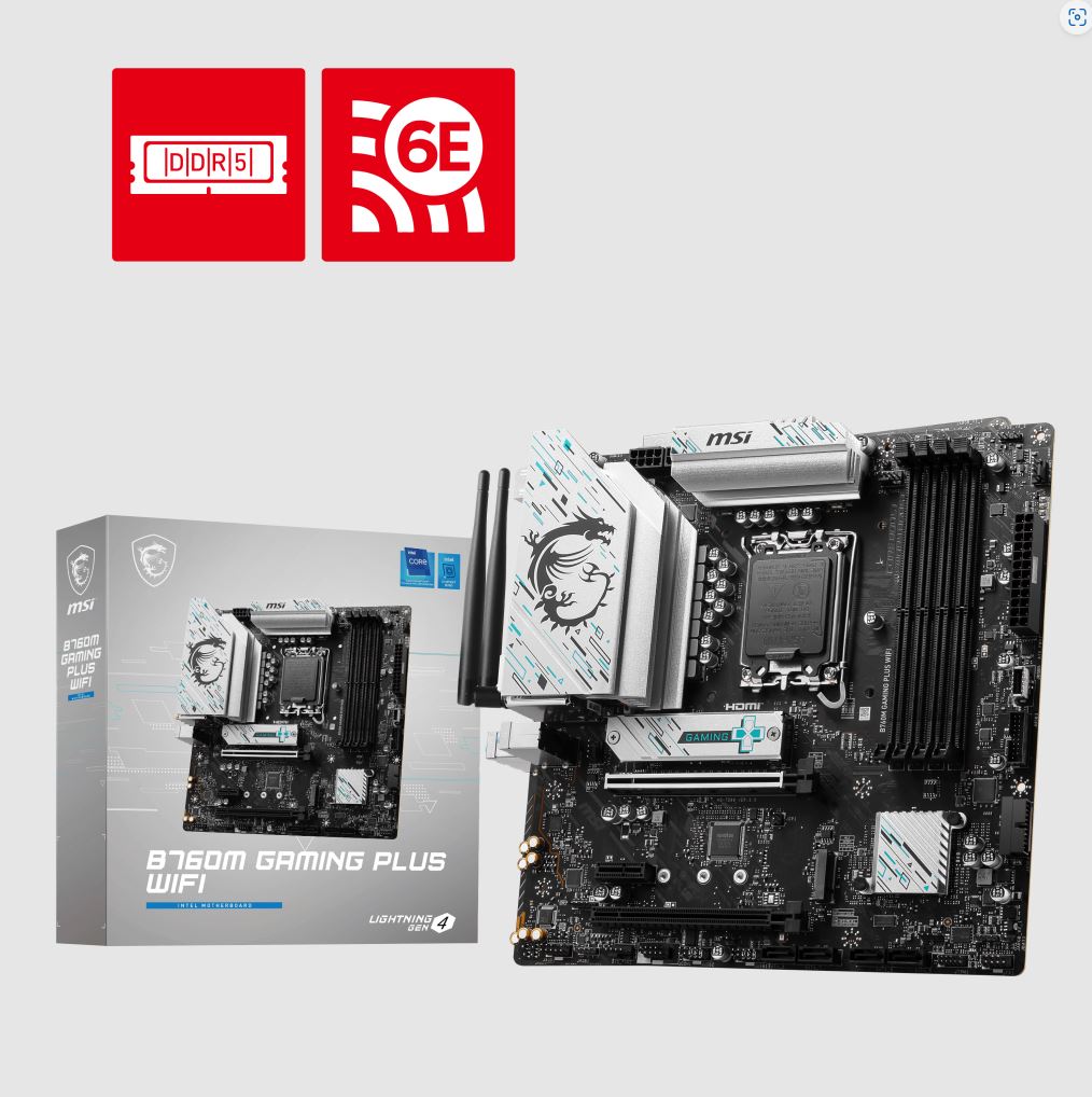 MSI B760M GAMING PLUS WIFI mATX Motherboard, 4x DDR5~192GB, 5x PCI-E x 16, 2x M.2, 4x SATA, 2x USB 3.2 , 4x USB 2.0 1 USBx C