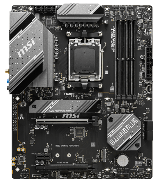 MSI B650 GAMING PLUS WIFI AMD AM5 ATX Motherboard, 4x DDR5 ~192GB, 2x PCI-E x16, 1x PCI-E x1, 2x M.2, 4x SATA, 7x USB 3.2, 1x USB-C