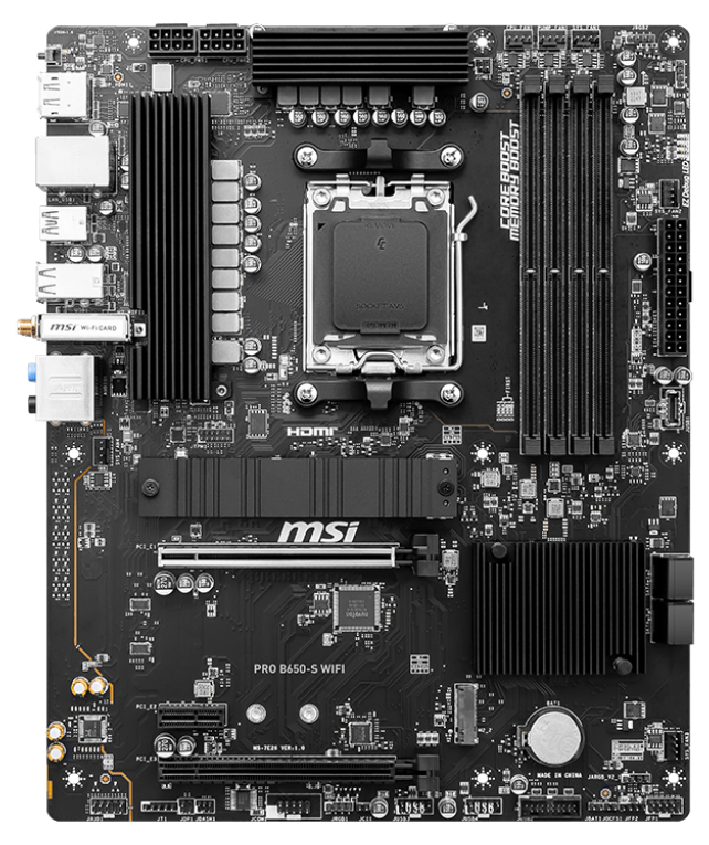 MSI PRO B650-S WIFI AMD AM5 ATX Motherboard, 4x DDR5 ~192GB, 2x PCI-E x16, 2x M.2, 4x SATA, 11x USB 3.2, 4x USB 2.0