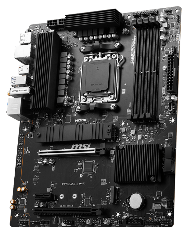 MSI PRO B650-S WIFI AMD AM5 ATX Motherboard, 4x DDR5 ~192GB, 2x PCI-E x16, 2x M.2, 4x SATA, 11x USB 3.2, 4x USB 2.0