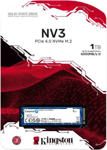Kingston SNV3S/1000G NV3 1TB M.2 NVMe PCIe Gen4 SSD. Up to 6,000MB/s read, 4,000MB/s write