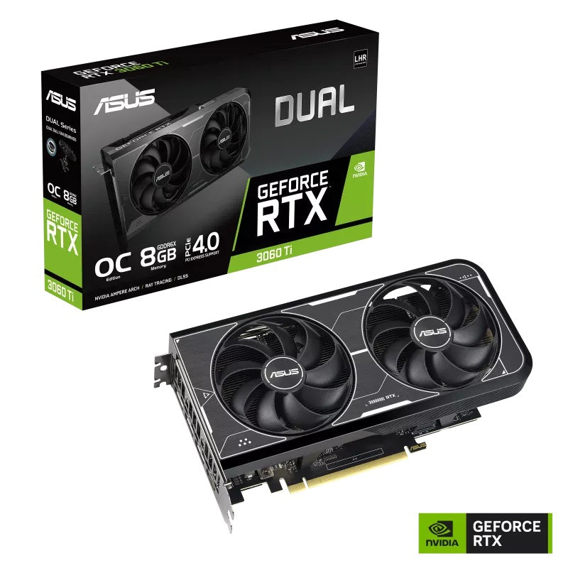 Asus DUAL-RTX3060TI-O8GD6X Graphics Card. Dual GeForce RTX 3060 Ti OC Edition 8GB GDDR6X with two powerful Axial-tech fans and a 2-slot design for broad compatibility. Black