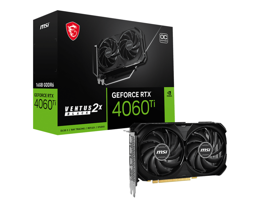 MSI GeForce RTX 4060 Ti VENTUS 2X BLACK 16G OC Gaming Graphics Card 2610 MHz Boost Clock, 16GB GDDR6,DisplayPort x 3 (v1.4a),HDMI x 1