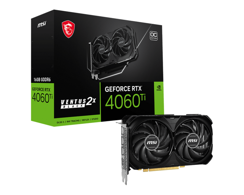 MSI GeForce RTX 4060 Ti VENTUS 2X BLACK 16G OC Gaming Graphics Card 2610 MHz Boost Clock, 16GB GDDR6,DisplayPort x 3 (v1.4a),HDMI x 1