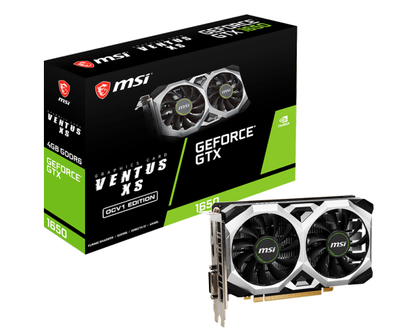 MSI GTX 1650 D6 VENTUS XS OCV1 Gaming Graphics Card. 4GB GDDR6, DisplayPort x 1(v1.4a), HDMI™ x 1(Supports 4K@60Hz as specified in HDMI™ 2.0b), DL-DVI-D x 1