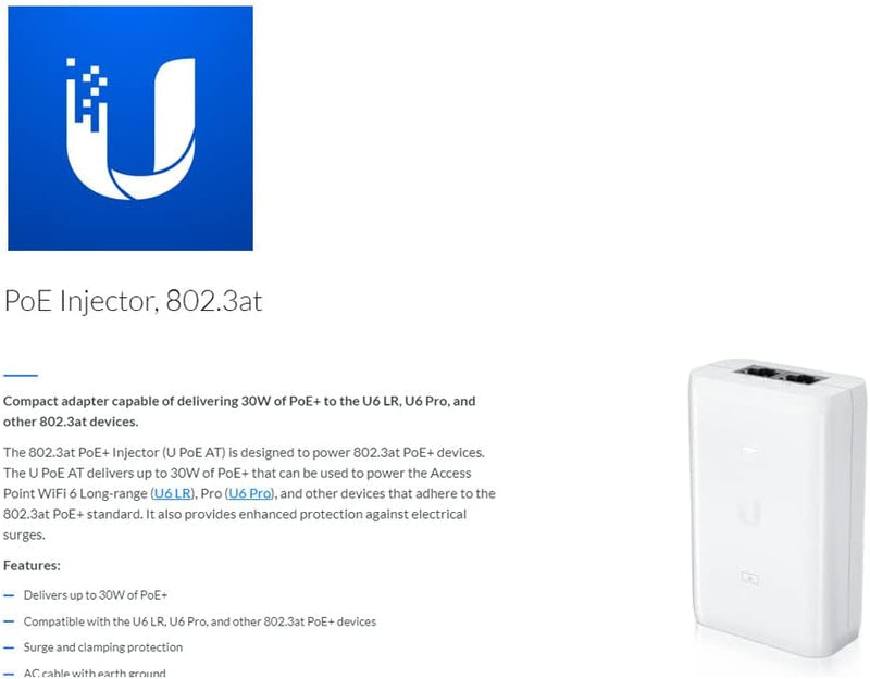 Ubiquiti U-POE-AT POE Injector, 802.3AT, 30W of PoE+ Power, Suitable For U6 AP (U6-LR, U6-LITE & U6-PRO)