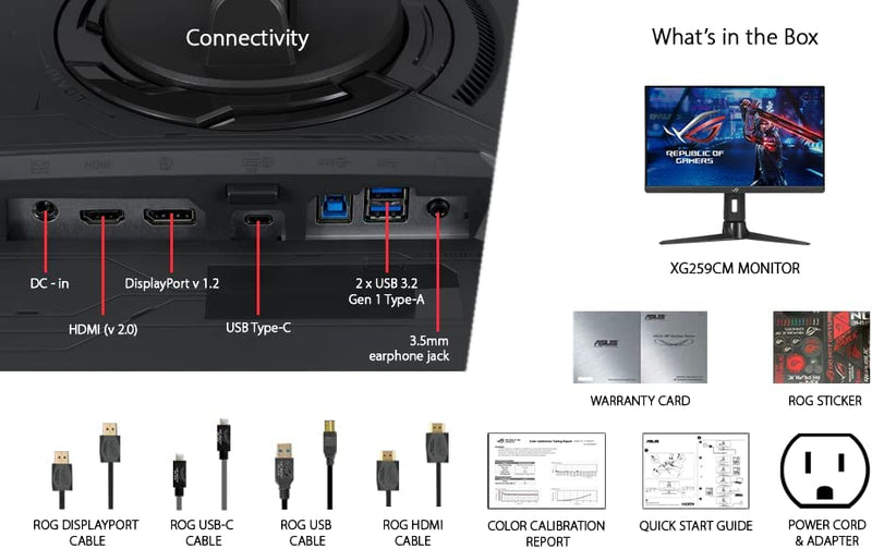Asus ROG Strix XG259CM Gaming Monitor – 25 inch (24.5 inch viewable) 1920x1080, 240Hz (Above 144Hz), 1ms (GTG), Fast IPS, Extreme Low Motion Blur Sync, USB Type-C, 120% sRGB, G-Sync compatible*, KVM support, tripod socket