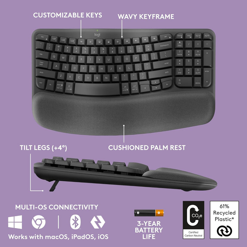 Logitech 920-012281 Ergo Series Wave Keys Wireless Ergonomic Keyboard (Graphite)