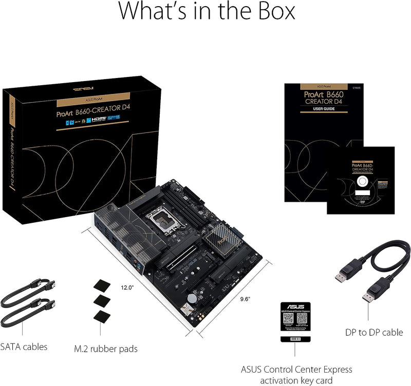 Asus PROART B660-CREATOR D4 Intel® B660 LGA 1700 ATX motherboard built for creators, with PCIe® 5.0, DDR4, 2.5 Gb and 1 Gb Ethernet, three PCIe 4.0 M.2 slots, plus USB-C DisplayPort™ and a USB 3.2 Gen 2x2 front-panel connector with Quick Charge 4+