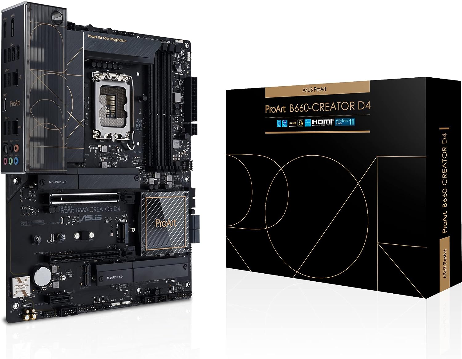 Asus PROART B660-CREATOR D4 Intel® B660 LGA 1700 ATX motherboard built for creators, with PCIe® 5.0, DDR4, 2.5 Gb and 1 Gb Ethernet, three PCIe 4.0 M.2 slots, plus USB-C DisplayPort™ and a USB 3.2 Gen 2x2 front-panel connector with Quick Charge 4+