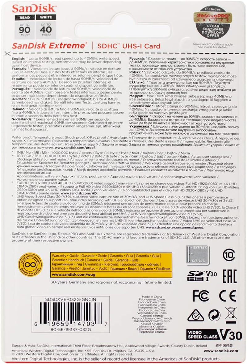SanDisk SDSDXVE-032G-GNCIN 32GB EXtreme SDHC UHS-I Card. 90MB/s, V30, 4K UHD