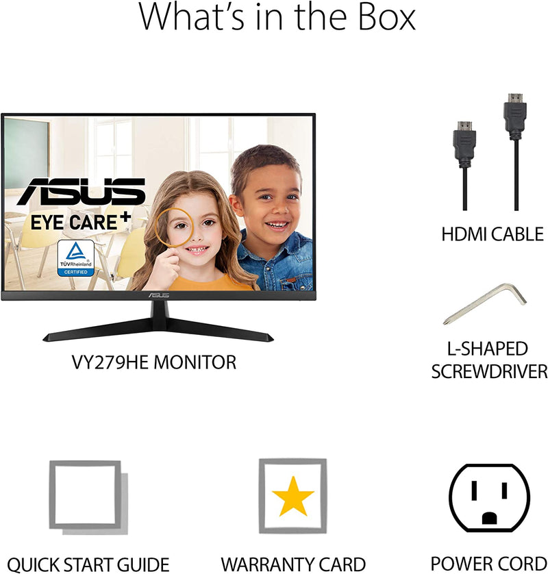 ASUS VY279HE-W Eye Care Monitor – 27 inch FHD (1920 x 1080), IPS, 75Hz, IPS, 1ms (MPRT), FreeSync™, Eye Care Plus technology, Color Augmentation, Rest Reminder, Blue Light Filter, Flicker Free, antibacterial treatment