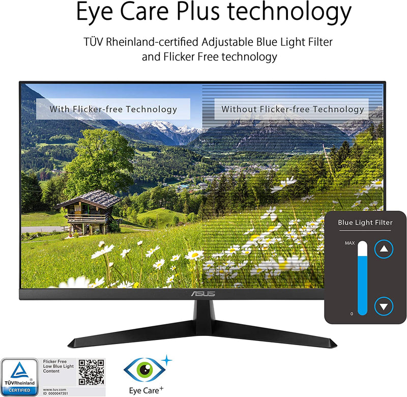 ASUS VY279HE-W Eye Care Monitor – 27 inch FHD (1920 x 1080), IPS, 75Hz, IPS, 1ms (MPRT), FreeSync™, Eye Care Plus technology, Color Augmentation, Rest Reminder, Blue Light Filter, Flicker Free, antibacterial treatment