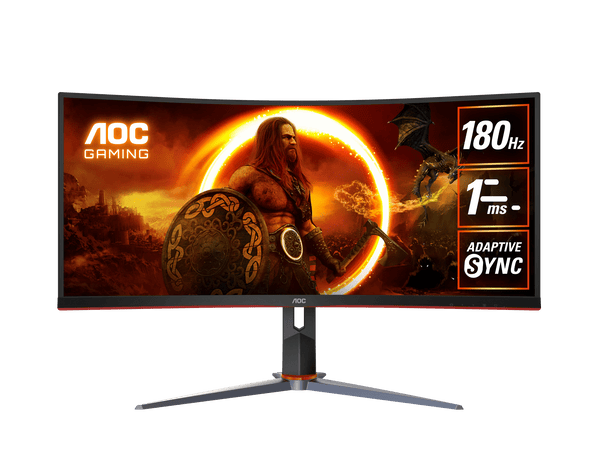 AOC CU34G2XP 34" WQHD Curved Gaming Monitor. UltraWide 21:9, 3440 × 1440 (WQHD), AdaptiveSync, HDR 10, 180Hz, 1ms