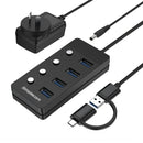 Simplecom CH345C SuperSpeed USB-A and USB-C to 4-Port USB 3.0 Hub 5Gbps Individual Switches and Power Adapter