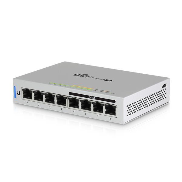 Ubiquiti UniFi Network Switch, US-8-60W, Gen1, 8-Port, POE 48W, (4) GbE PoE, (4) GbE Ports, Layer 2, No Mount, Silent, Fanless Cooling System.