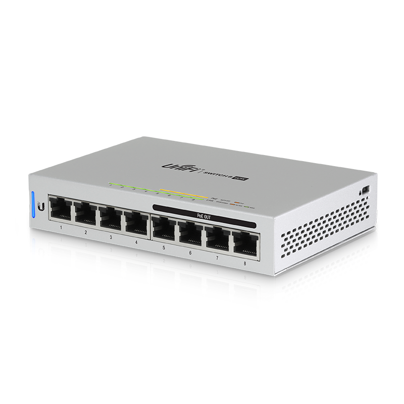 Ubiquiti UniFi Network Switch, US-8-60W, Gen1, 8-Port, POE 48W, (4) GbE PoE, (4) GbE Ports, Layer 2, No Mount, Silent, Fanless Cooling System.