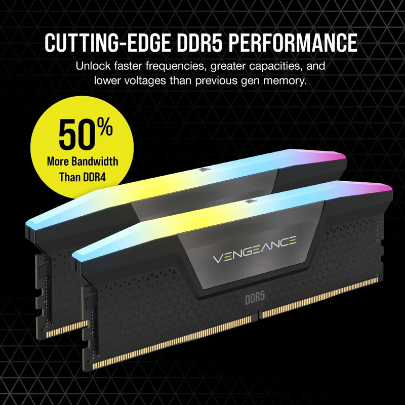 Corsair CMH64GX5M2B6000C40 Vengeance RGB 64GB (2x32GB) DDR5 UDIMM 6000MHz C40 1.35V Desktop Gaming Memory Black