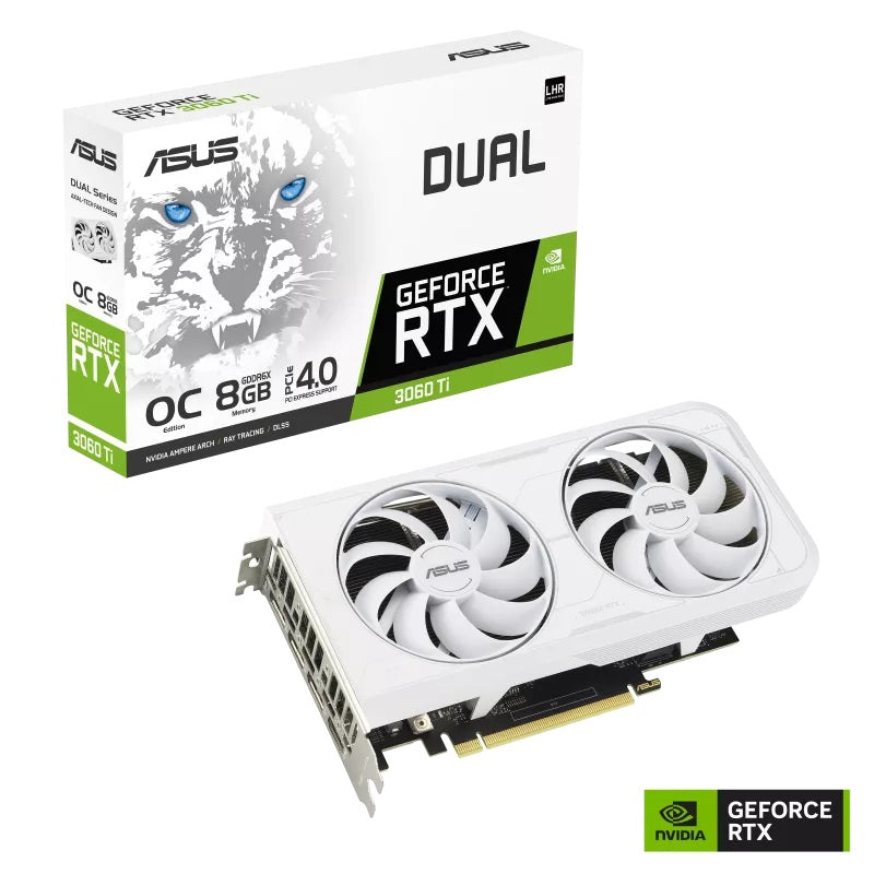 Asus DUAL-RTX3060TI-O8GD6X-WHITE Graphics Card. Dual GeForce RTX 3060 Ti OC Edition 8GB GDDR6X with two powerful Axial-tech fans and a 2-slot design for broad compatibility. White