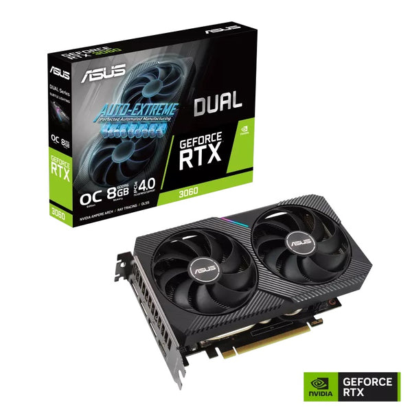 Asus DUAL-RTX3060-O8G Graphics Card. ASUS Dual GeForce RTX 3060 OC Edition 8GB GDDR6 with two powerful Axial-tech fans and a 2-slot design for broad compatibility