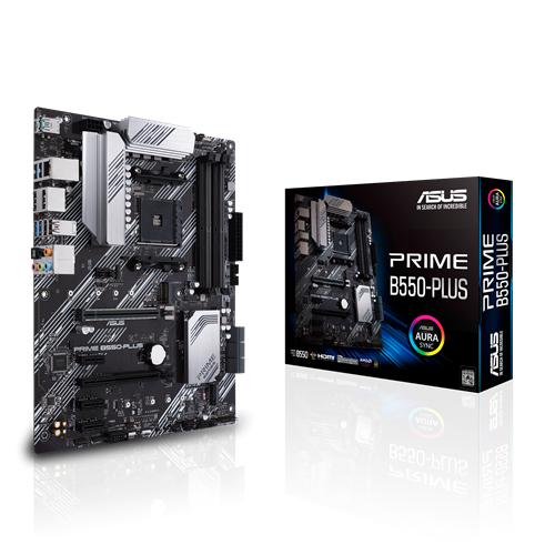 Asus PRIME B550-PLUS AMD B550 (Ryzen AM4) ATX motherboard with dual M.2, PCIe 4.0, 1 Gb Ethernet, DisplayPort/HDMI, SATA 6 Gbps, USB 3.2 Gen 2 Type-A and Type-C, and Aura Sync RGB headers support