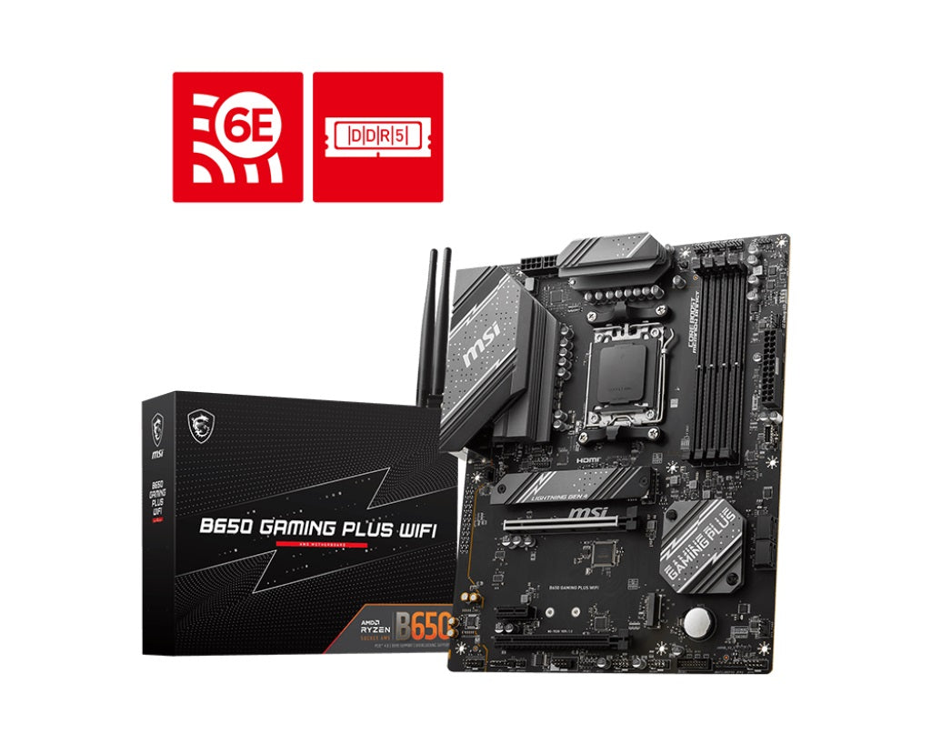 MSI B650 GAMING PLUS WIFI AMD AM5 ATX Motherboard, 4x DDR5 ~192GB, 2x PCI-E x16, 1x PCI-E x1, 2x M.2, 4x SATA, 7x USB 3.2, 1x USB-C