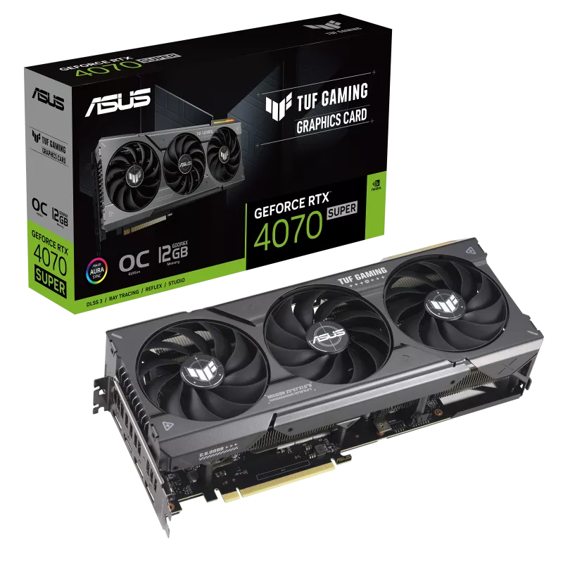 Asus TUF-RTX4070S-O12G-GAMING TUF Gaming GeForce RTX 4070 SUPER 12GB GDDR6X OC Edition Gaming Graphics Card with DLSS 3, lower temps, and enhanced durability