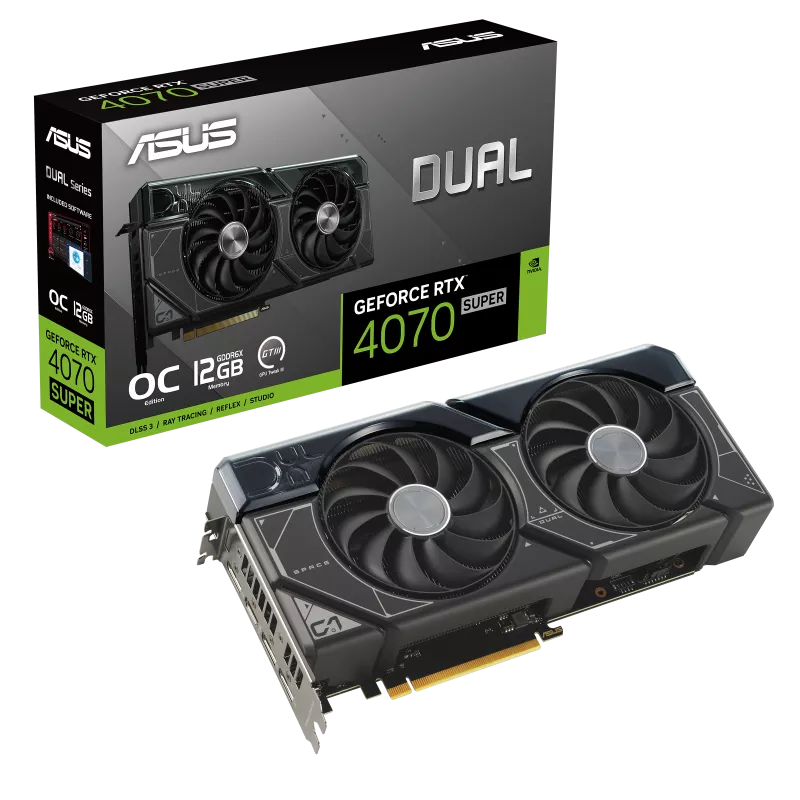 Asus DUAL-RTX4070S-O12G Dual GeForce RTX™ 4070 SUPER OC Edition 12GB GDDR6X Gaming Graphics Card with two powerful Axial-tech fans and a 2.56-slot design for broad compatibility