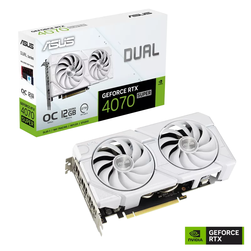 Asus DUAL-RTX4070S-O12G-EVO-WHITE Dual GeForce RTX 4070 SUPER EVO OC Edition Gaming Graphics Card. White. 12GB GDDR6X with two powerful Axial-tech fans and a 2.5-slot design for broad compatibility
