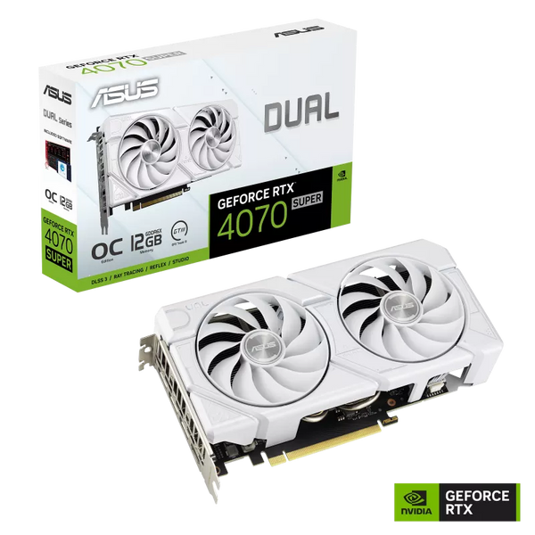 Asus DUAL-RTX4070S-O12G-EVO-WHITE Dual GeForce RTX 4070 SUPER EVO OC Edition Gaming Graphics Card. White. 12GB GDDR6X with two powerful Axial-tech fans and a 2.5-slot design for broad compatibility