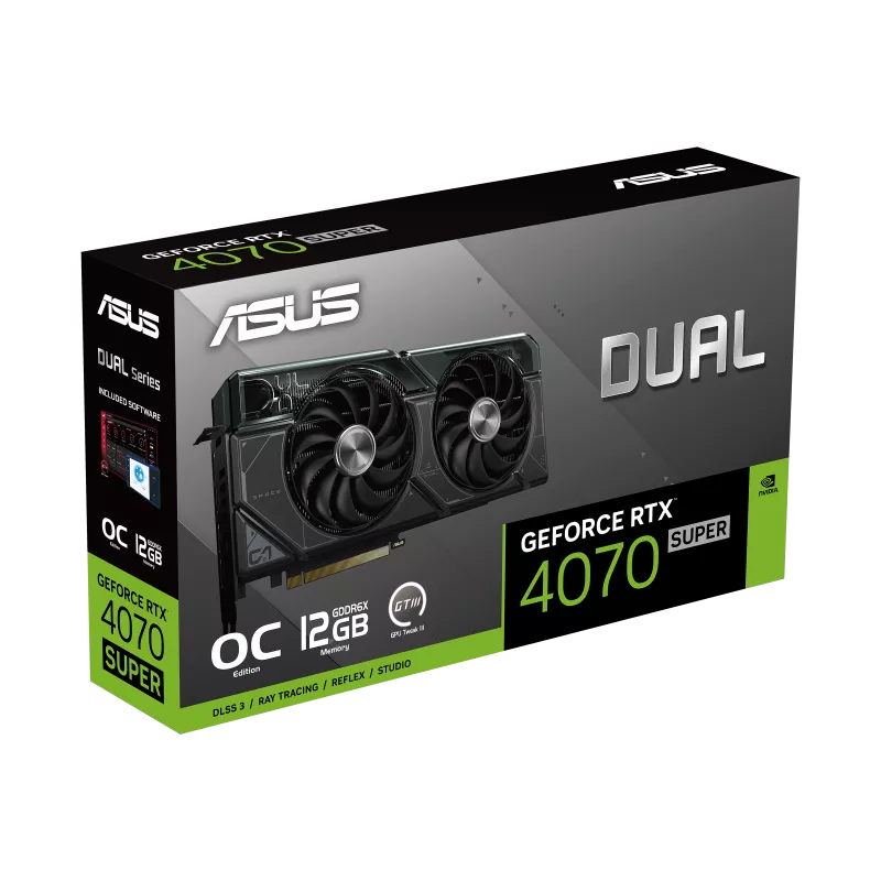 Asus DUAL-RTX4070S-O12G Dual GeForce RTX™ 4070 SUPER OC Edition 12GB GDDR6X Gaming Graphics Card with two powerful Axial-tech fans and a 2.56-slot design for broad compatibility