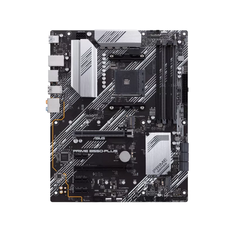 Asus PRIME B550-PLUS AMD B550 (Ryzen AM4) ATX motherboard with dual M.2, PCIe 4.0, 1 Gb Ethernet, DisplayPort/HDMI, SATA 6 Gbps, USB 3.2 Gen 2 Type-A and Type-C, and Aura Sync RGB headers support