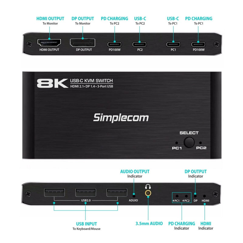 Simplecom KM470 2-Port USB-C KVM Switch 8K Docking Station HDMI 2.1 DP for Laptop Tablet