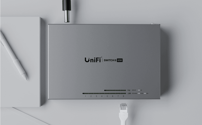 Ubiquiti UniFi Network Switch, US-8-60W, Gen1, 8-Port, POE 48W, (4) GbE PoE, (4) GbE Ports, Layer 2, No Mount, Silent, Fanless Cooling System.