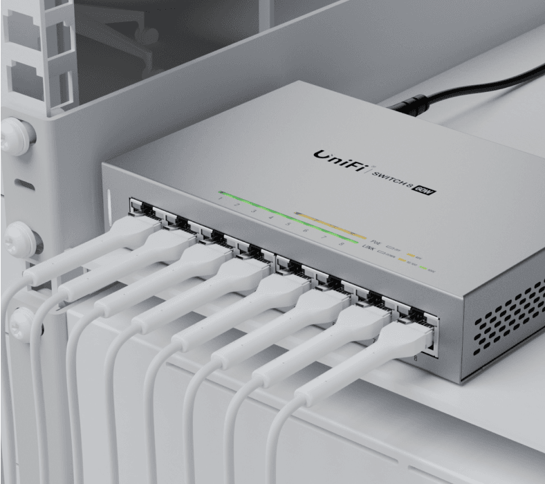 Ubiquiti UniFi Network Switch, US-8-60W, Gen1, 8-Port, POE 48W, (4) GbE PoE, (4) GbE Ports, Layer 2, No Mount, Silent, Fanless Cooling System.