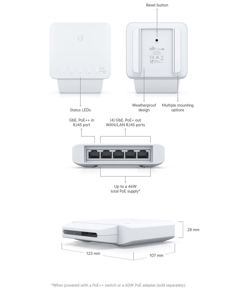 Ubiquiti UniFi USW-Flex POE+ Switch, 5-Port, POE 46W, (4) GbE PoE+ Ports, (1) GbE PoE++ Input, Layer 2, Wall Mount