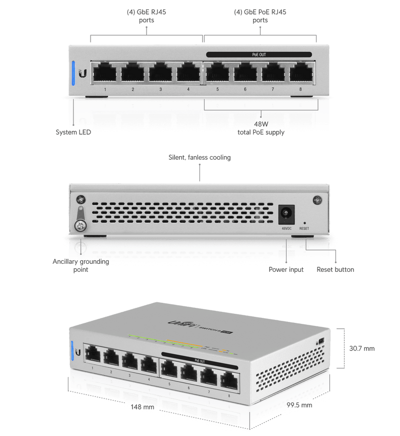 Ubiquiti UniFi Network Switch, US-8-60W, Gen1, 8-Port, POE 48W, (4) GbE PoE, (4) GbE Ports, Layer 2, No Mount, Silent, Fanless Cooling System.