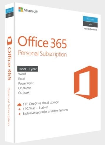 Microsoft QQ2-00645 OFFICE 365 Personal 1 Users, 1 PC/Mac + 1 x Tablet, 1 Year License