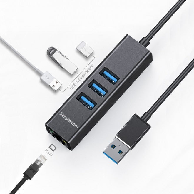 Simplecom CHN420 Aluminium 3 Port SuperSpeed USB HUB with Gigabit Ethernet Adapter