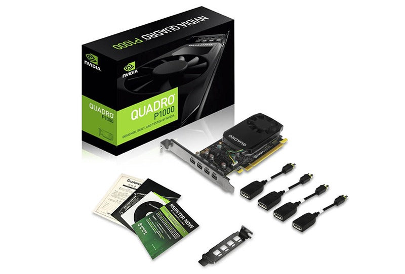 Leadtek Quadro P1000 4GB Low Profile Workstation Graphic Card - 4GB GDDR5 / 128-bit / 80 GB/s / 640 CUDA Cores / 4x MDP1.4 / Max Res 7680 x 4320 / Shader Model 5.1, OpenGL 4.5, DirectX 12.0 / Single Slot, Low Profile / 900-5G212-2250-000