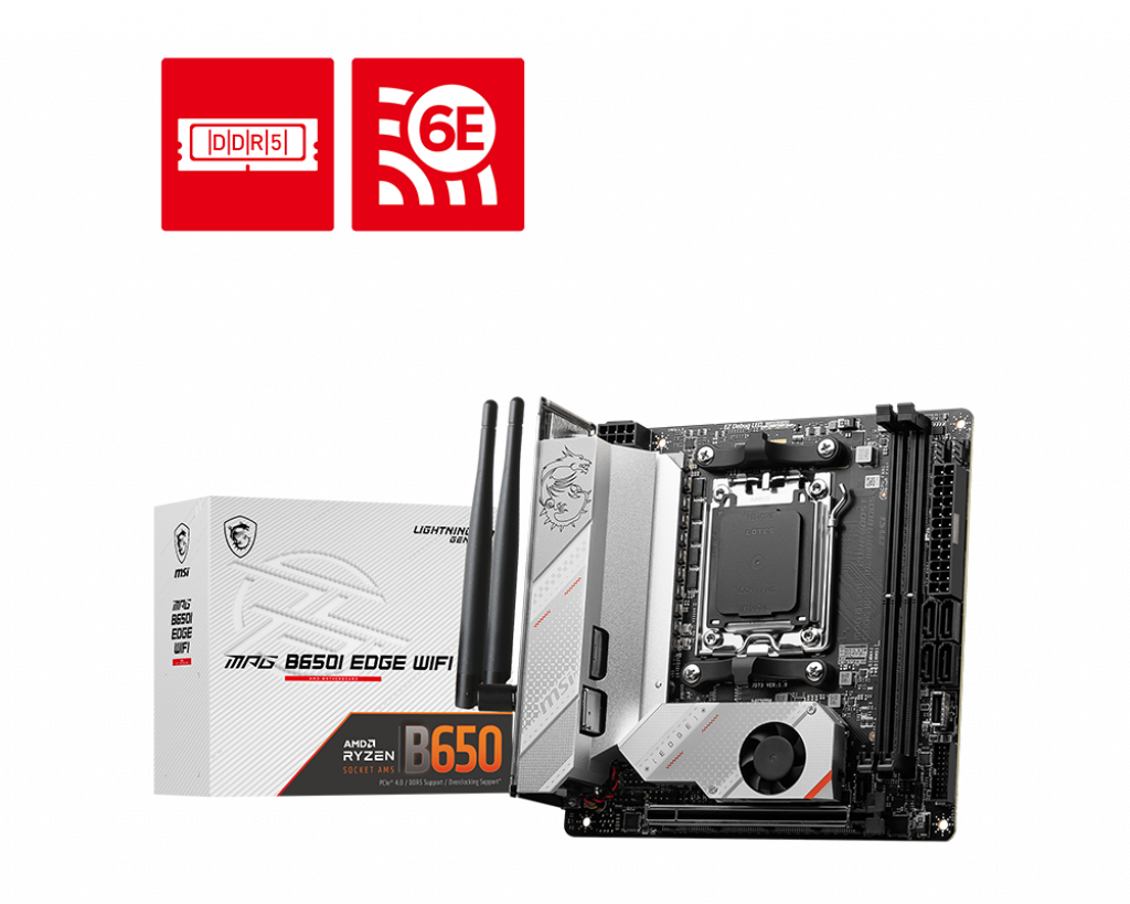 MSI MPG B650I EDGE WIFI AMD AM5 M-ITX Motherboard, 2x DDR5 ~64GB, 1x PCI-E x16, 2x M.2, 4x SATA, 2x USB2.0, 5x USB 3.2, 1x USB-C