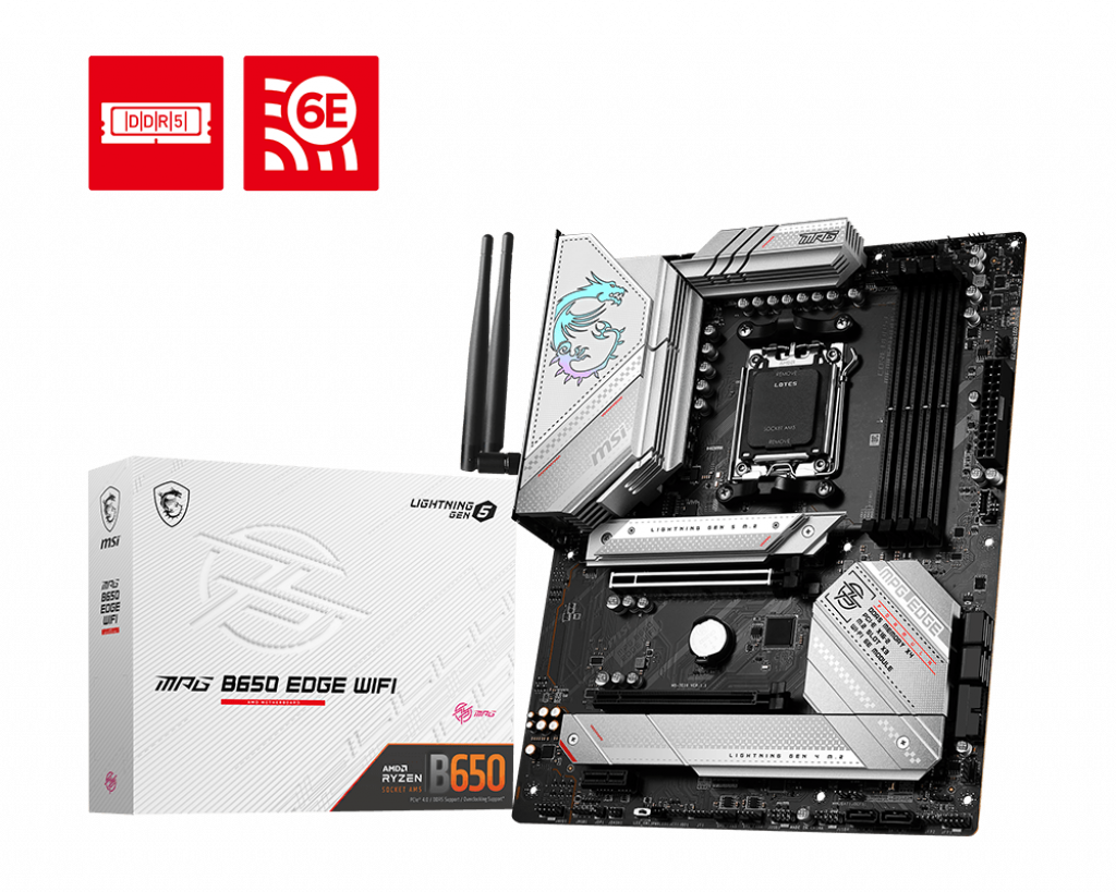 MSI MPG B650 EDGE WIFI AMD AM5 ATX Motherboard, 4x DDR5 ~128GB, 2x PCI-E x16, 1x PCI-E x1, 3x M.2, 6x SATA, 2x USB2.0, 7x USB 3.2, 1x USB-C